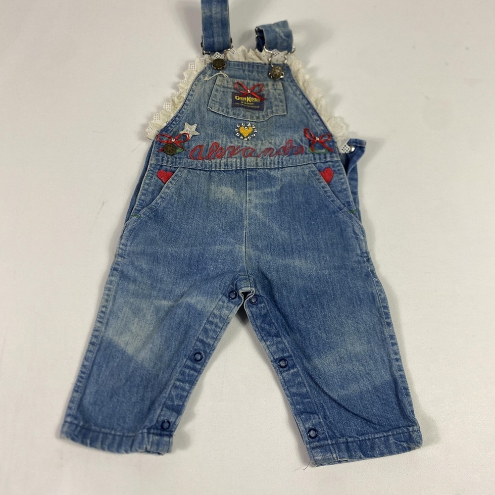Vintage OshKosh Bgosh Overalls Girls 18 Months Denim Vestbak Hearts Lace 90s